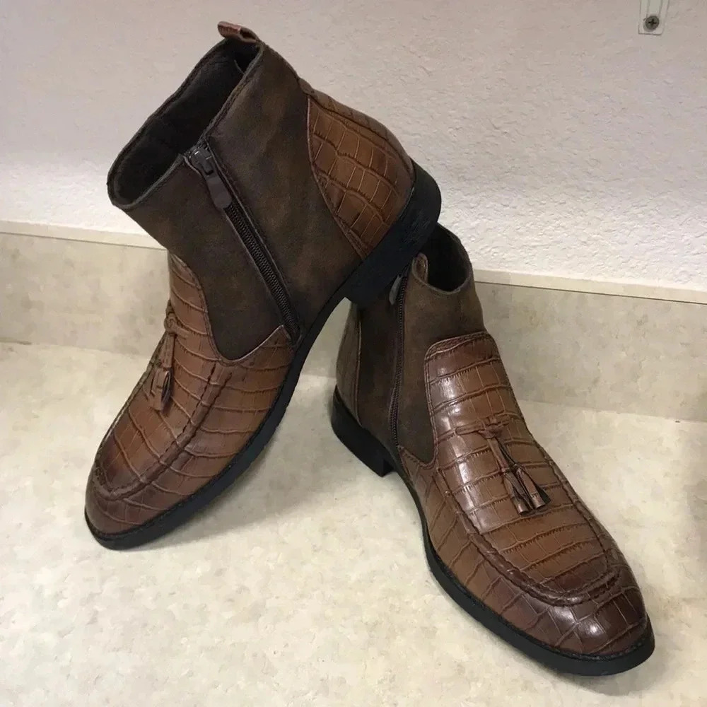 Chukka Brown‎ Two Tone PU Leather Alligator Tassel Ankle Boots - Picture 3 of 12